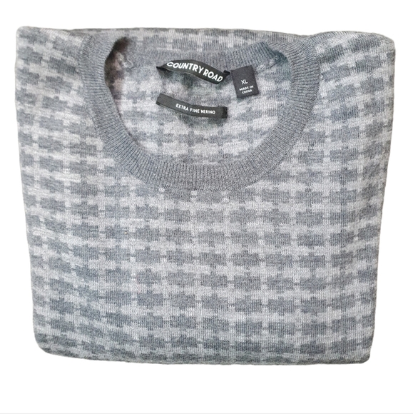 Country Road Men's Sweater jumper Merino wool Sze XL crew neck grey hounsdstooth - Picture 3 of 7